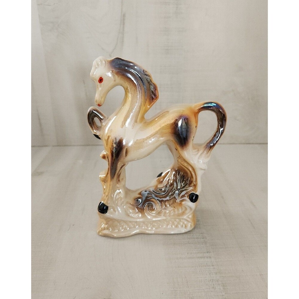 Vintage Lusterware Ceramic Prancing Horse Figurine Tan & Black Brazil Approx 7"